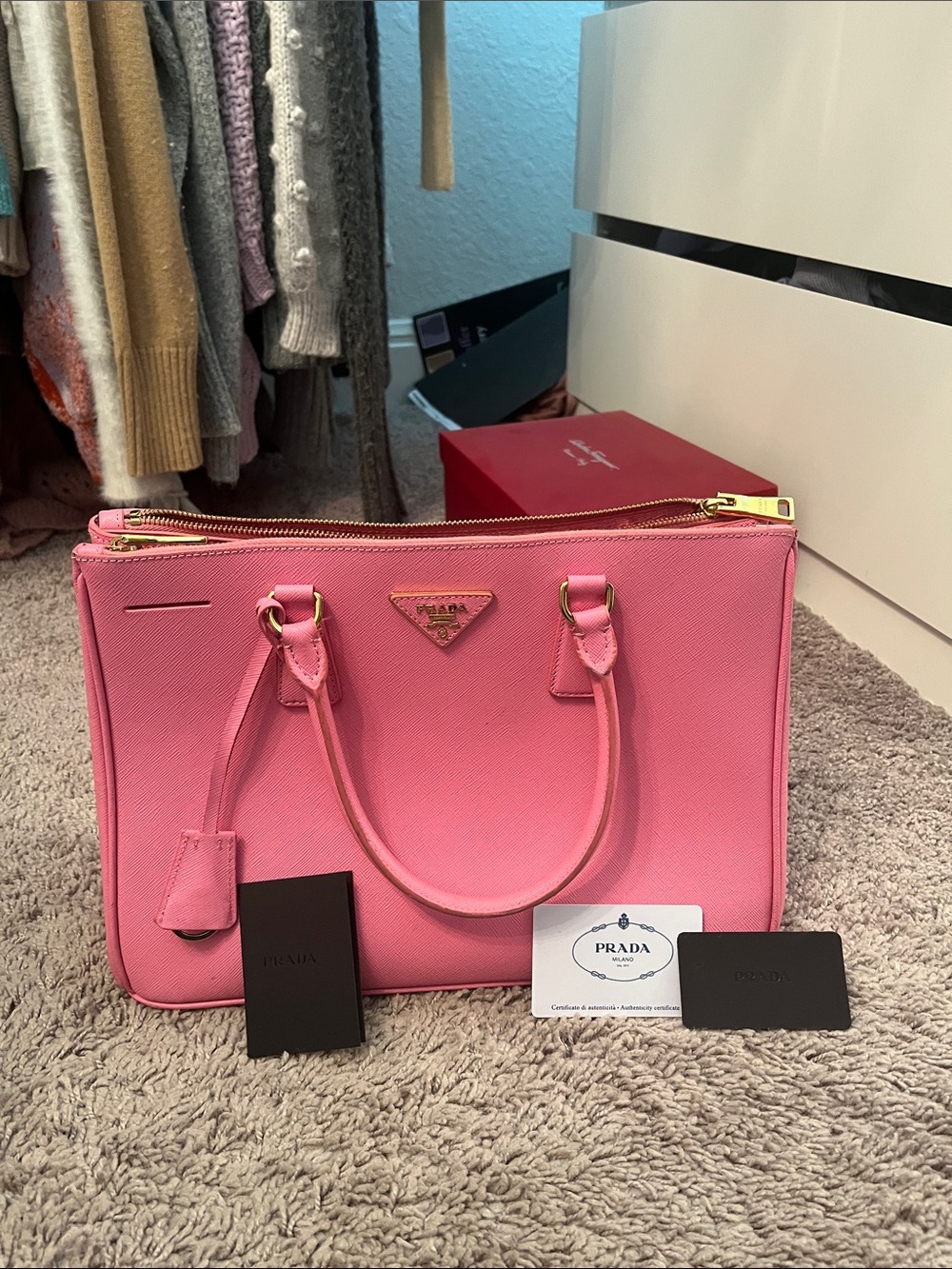 Prada Pink Saffiano Double Zip Satchel